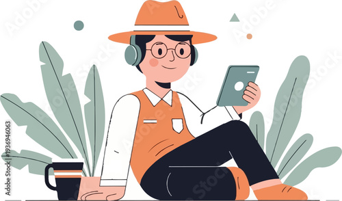 Person wearing hat and headphones, looking at tablet, sitting near plants and mug