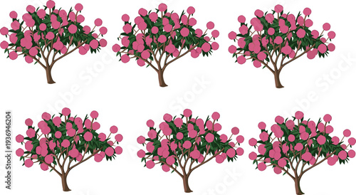 Cartoon illustration of six fruit trees with green leaves and pink fruits, arranged in rows, representing agriculture, farming, gardening, and plant growth design