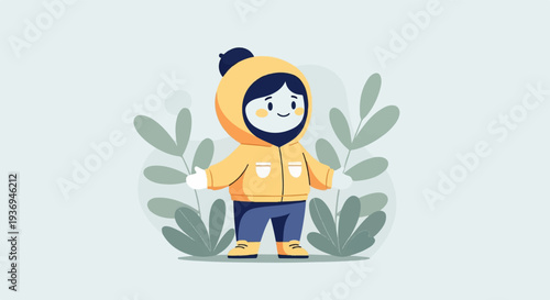 Cheerful character in yellow coat and blue pants stands with plants