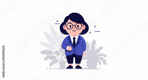 A stylized cartoon woman in a blue suit and glasses stands in front of plants