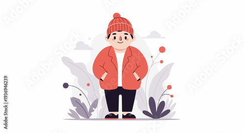 Chubby cartoon figure in red beanie and jacket, hands in pockets, surrounded by stylized plants