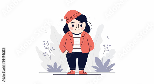 A minimalist illustration of a person in a beanie and jacket, standing among abstract foliage