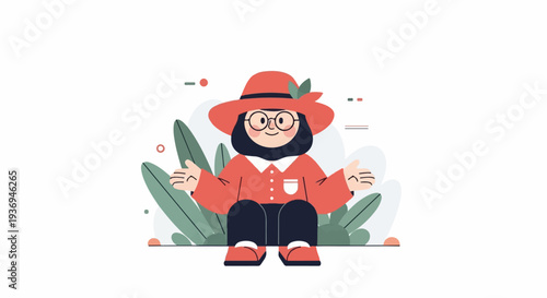 Flat illustration of a person in a red hat and shirt, seated amidst foliage