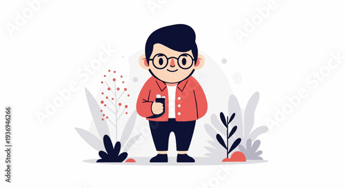 A smiling cartoon boy with glasses and a red jacket holds a phone while standing in a garden