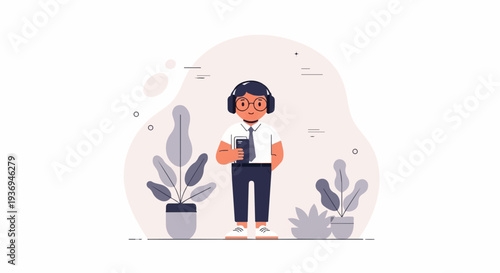 A person with headphones and a book stands between potted plants in a minimalist illustration