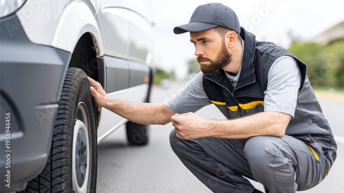 Male courier uniform flat tire roadside van delivery driver safety check tire transportation service breakdown street logistics worker kneeling vehicle maintenance problem