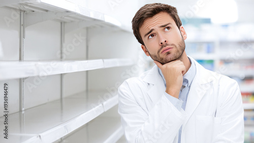 Pharmacist empty shelf worry shortage drug medicine pharmacy healthcare crisis Pharmacist worry facing empty shelf drug shortage crisis inside modern pharmacy store, thoughtful male specialist