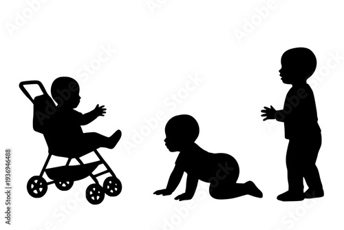 Child development stages in silhouette from baby to toddler walking with stroller
