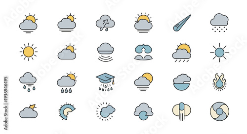 A comprehensive collection of modern weather icons featuring various meteorological conditions for digital forecasts, applications, and informative graphics