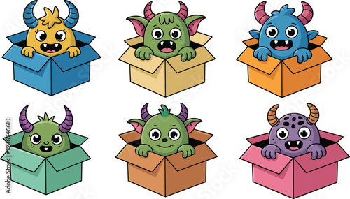 Cartoon illustration of six colorful monsters popping out of boxes, showcasing playful design, fantasy characters, and creative storytelling for children’s entertainment and decoration