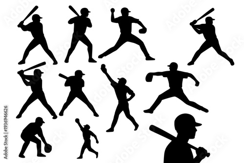Baseball players in various poses, black silhouettes on white background