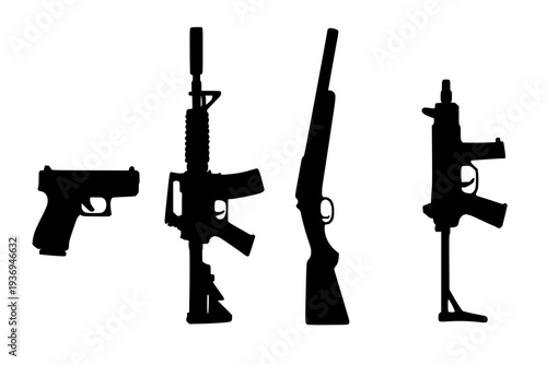 Set of black gun weapons vector icons isolated on white background for security and defense