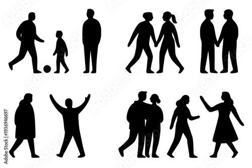 Family parenting activities flat icons set vector illustration children playing soccer walking holding hands celebrating success
