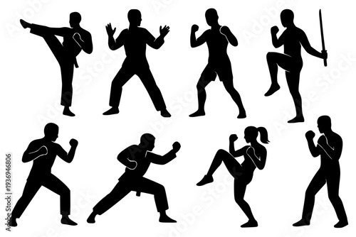 Modern Black Silhouette Martial Arts Positions Set for Fitness, Sports, and Training Posters