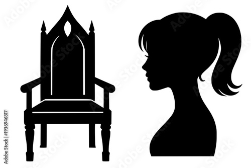 Gothic throne chair silhouette with elegant woman profile in minimalist black and white