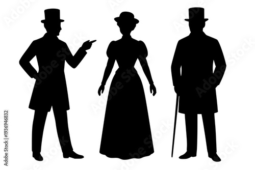 Silhouette of man and woman in Victorian attire pointing at third man in top hat business concept