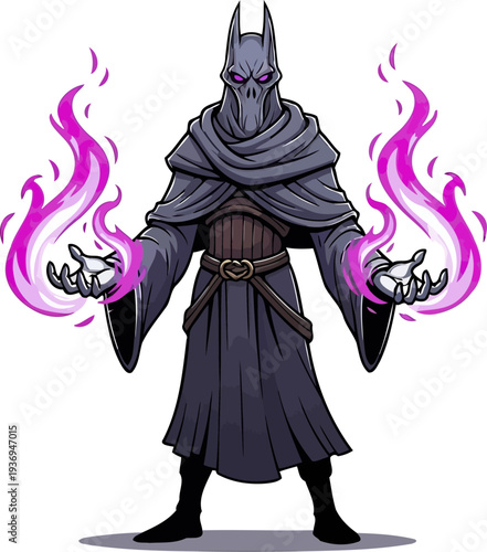 Ancient anubis priest conjuring purple mystical fire