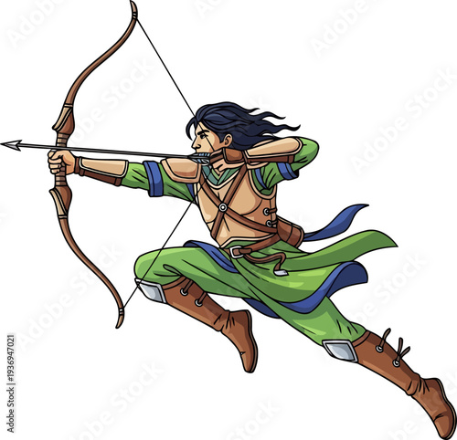 Acrobatic archer shooting a bow while leaping through the air