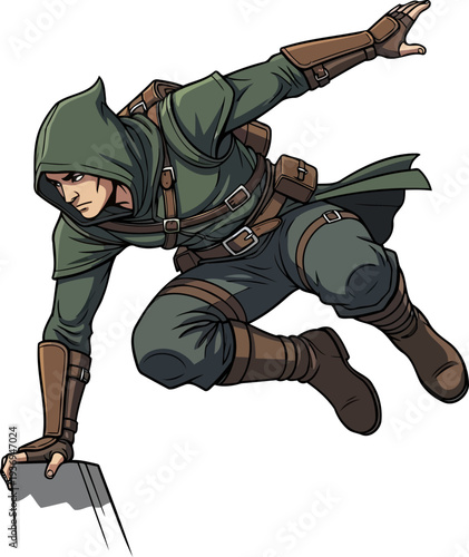 Agile hooded rogue leaping through the air in a stealthy pose