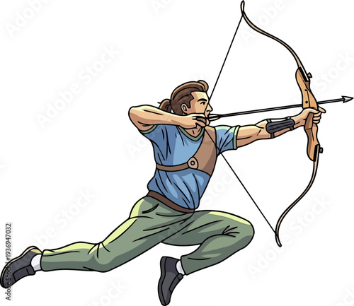 Agile human archer leaping while shooting an arrow