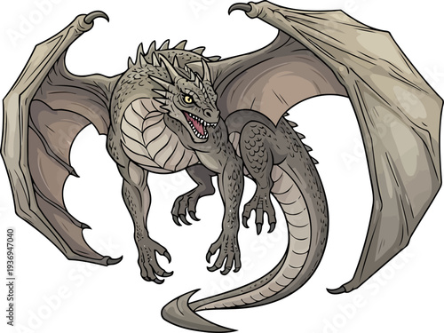 Ancient grey dragon with massive wings crouched in a defensive pose