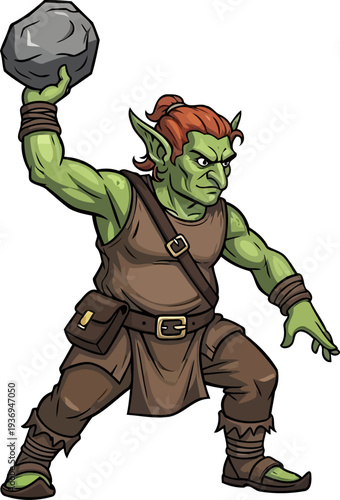 Angry green goblin preparing to throw a heavy grey rock