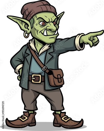 Cunning goblin merchant pointing forward with a devious smile