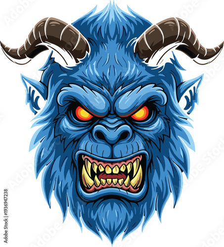 Angry blue monster head cartoon, fierce mythical beast with brown horns and glowing red eyes, scary creature face vector illustration,