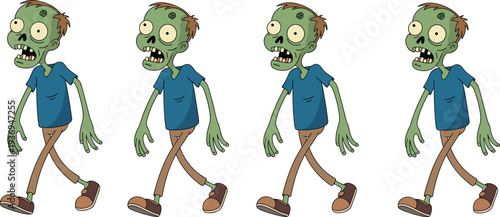 Cartoon illustration of four green-skinned zombies in walking poses, representing character animation frames, Halloween design, horror theme, and spooky entertainment artwork