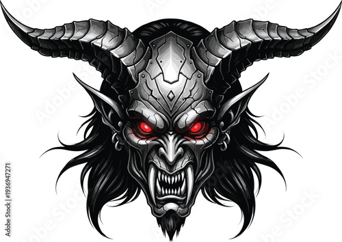 Armored demon head vector illustration with large horns and glowing red eyes for dark fantasy horror and heavy metal design.