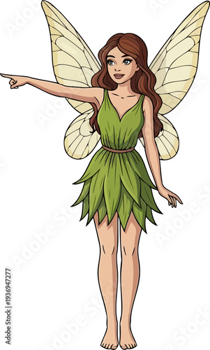Enchanted forest fairy pointing forward with delicate wings