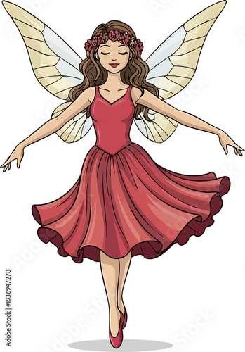Enchanting winged fairy girl dancing in a red flowing dress