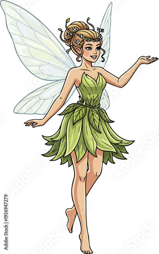 Enchanting fairy in a leaf dress floating with delicate wings