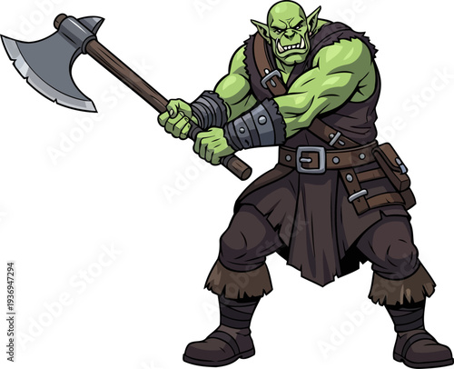 Ferocious fantasy orc swinging a large double-handed battle axe
