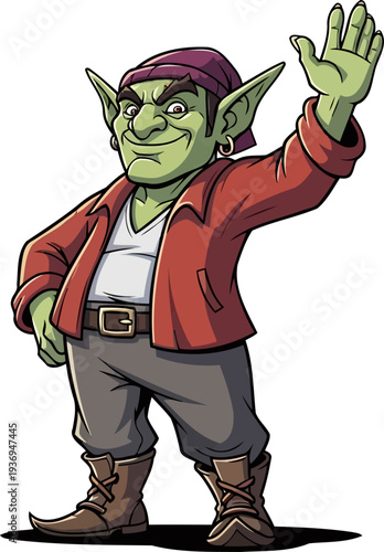Friendly green goblin waving with a cheerful smile