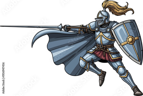 Gallant knight charging forward with a long lance and shield