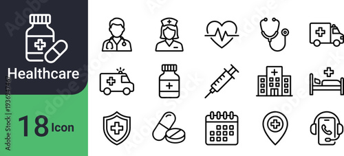 Essential Healthcare Icons: A collection of meticulously crafted, clean-line icons representing various healthcare elements, tools, and symbols. The set includes icons for medicine bottles, doctor.