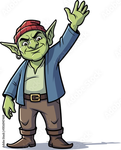 Friendly green goblin waving with a smile
