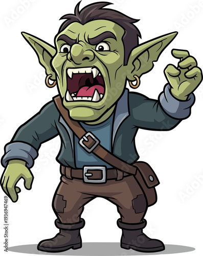 Furious green goblin shouting with bared teeth and earrings