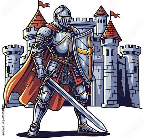 Gallant knight in shining armor standing before a medieval castle