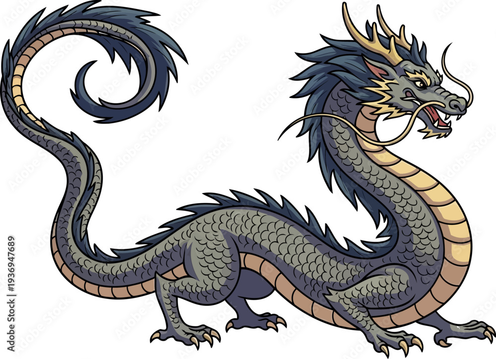 Fototapeta premium Long mythical dragon creature with elegant curves and sharp claws