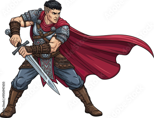 Heroic sword fighter in a red cape performing a battle stance