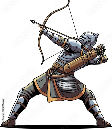 Knight archer aiming a bow in full plate armor