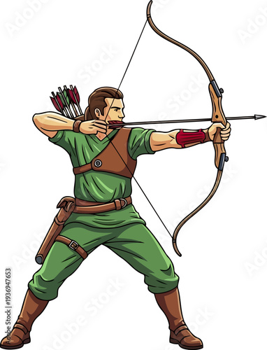 Heroic archer in green tunic aiming a wooden bow