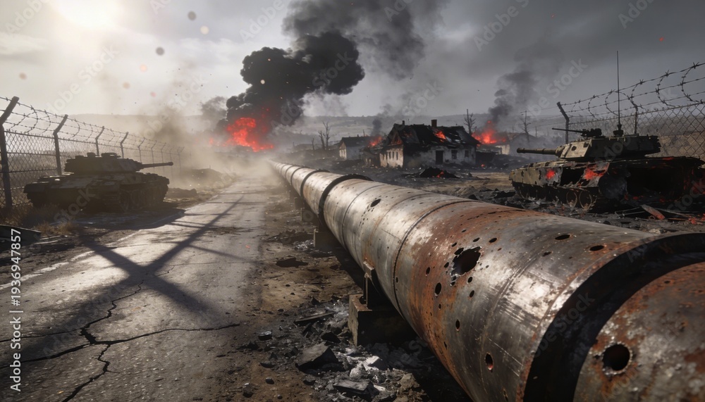 Fototapeta premium Battlefield Inferno: Witness the raw, destructive power of conflict. A scene of devastation unfolds, with tanks and explosions shaping a landscape of war.
