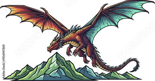 Majestic red dragon soaring over a jagged mountain range