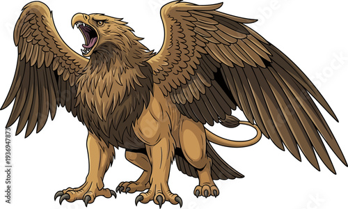 Majestic griffin roaring with huge wings spread wide