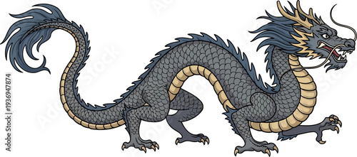 Majestic serpentine dragon with grey scales and long whiskers