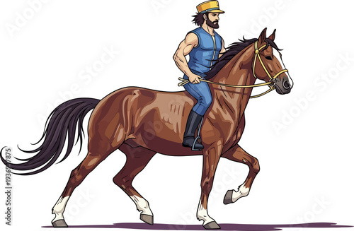 Man in a blue vest riding a brown horse at a steady pace