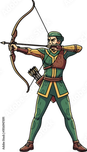 Medieval archer drawing bow in green forest ranger outfit